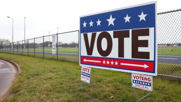Campaign signs near sports field during Texas primaries.