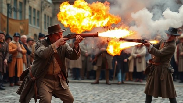 Reenactment of the Battle of the Alamo with musket fire.