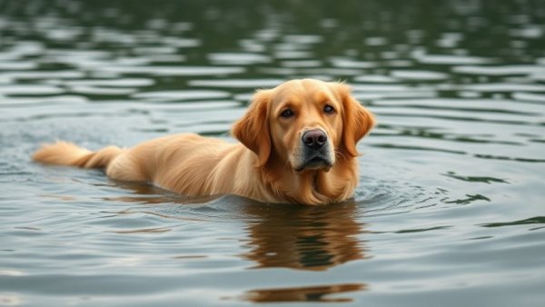 Golden retriever swimming in a calm lake, illustrating how to protect your pup in water.