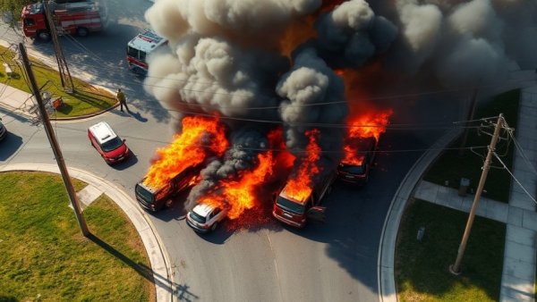 Houston news fire scene with vehicles in flames and smoke
