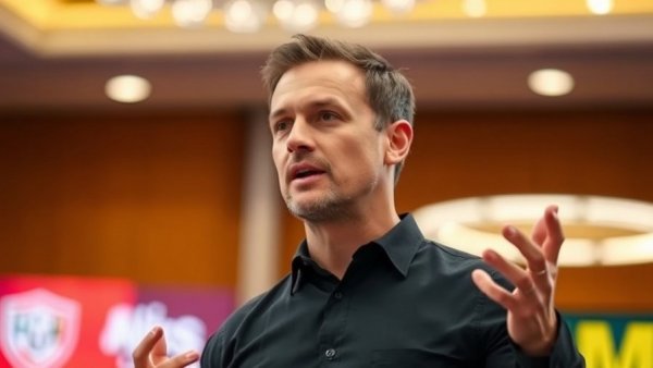 Confident speaker addressing audience at event with blurred background.