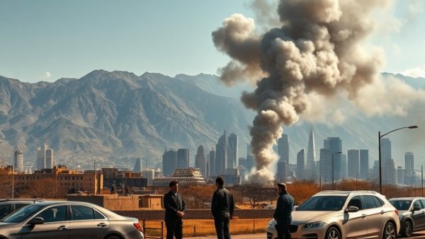 Urban scene with smoke behind towers in US-Israeli conflict area.