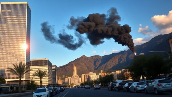 Iran War Impact: Urban skyline with smoke plume from distant mountain