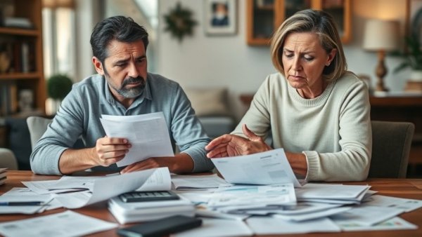 Concerned couple calculating shocking medical bills at home.