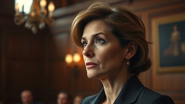 Woman contemplating judicial judgment on dangerous drugs in formal setting