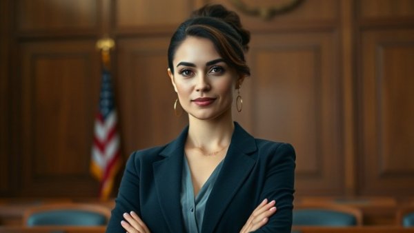 Confident woman in a courtroom setting discussing drug dangers.