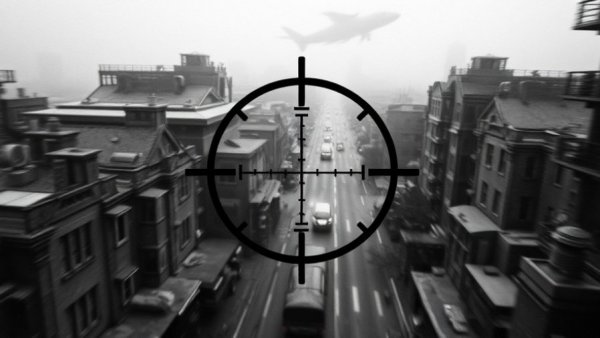 Breaking US news: aerial military footage with crosshair overlay.