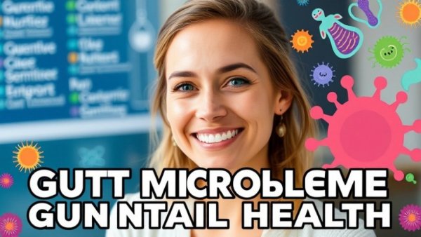 Importance of gut health for mental health highlighted by an educational banner with a smiling woman.
