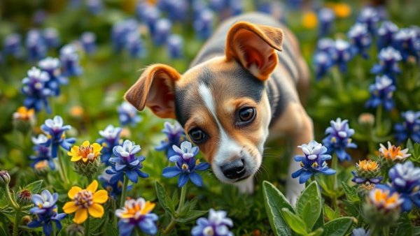 Dog sniffing Texas Bluebonnet Blooms in a garden setting.