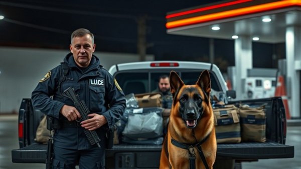 Officers with K9 Kolt and meth bust on I-10 at night.