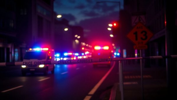 Police blocking street at night after shooting, mental health focus.