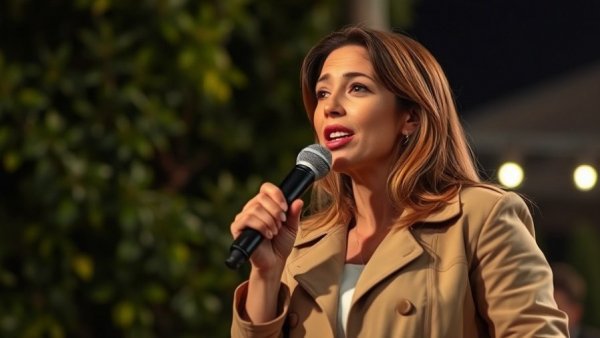 Woman speaking at night event about Democratic nomination for governor.