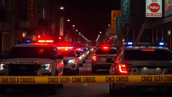 Police vehicles with flashing lights at night, Houston news crime scene.