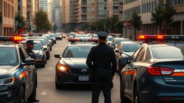Police vehicles respond to incident on city street at Ken Paxton event.