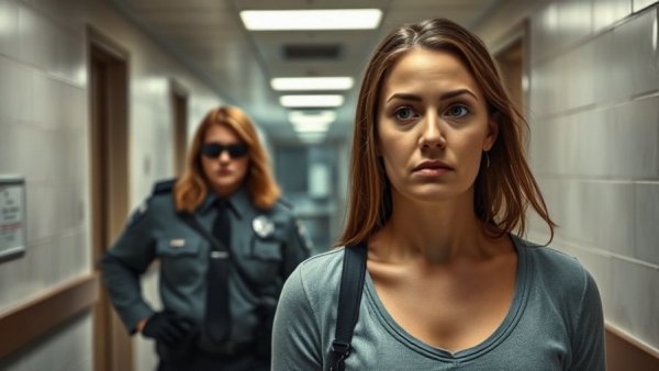 Serious woman escorted by officer in hallway, trial context, security door.