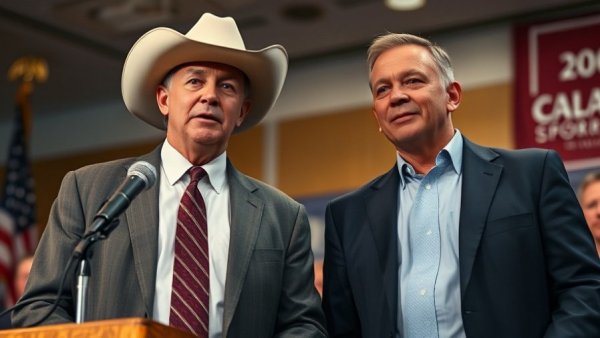 Men at a Texas agriculture event, reflecting election atmosphere.