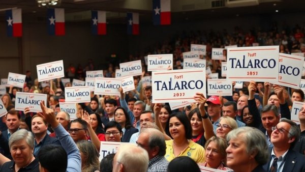 Texas Senate Democratic primary results rally with diverse crowd holding signs.