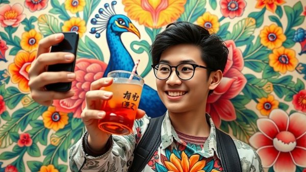 Gen Z taking selfie with Traditional Chinese Medicine drink, vibrant art.