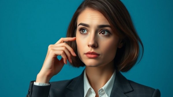 Woman in suit pondering, questioning look, blue background.
