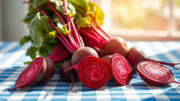 Fresh organic beets on checkered cloth for detox your body using whole foods.