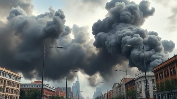 Thick smoke over cityscape amid Middle East evacuation crisis.