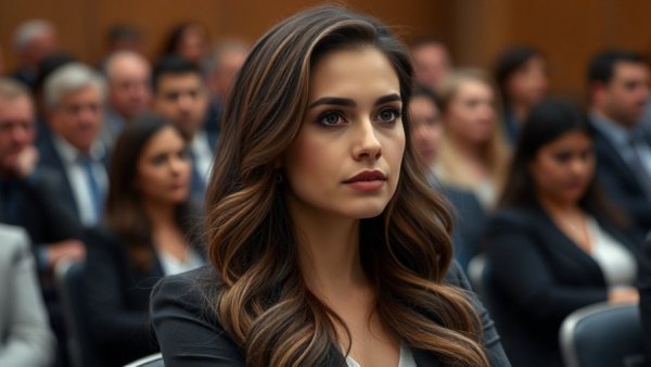 Confident woman at hearing, focused expression, natural light, professional setting.