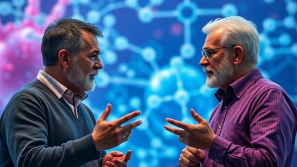 Two men discussing healthy aging tips in front of a digital background.