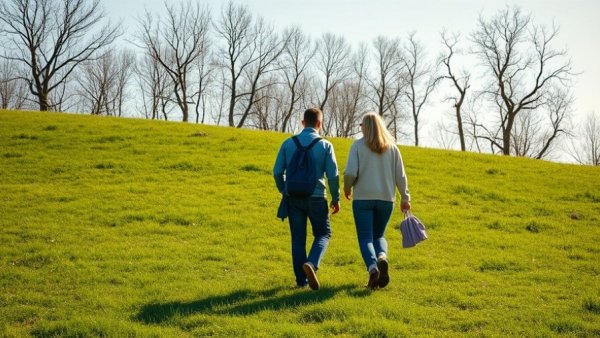 People walking in a field discussing drought affecting wildflowers.