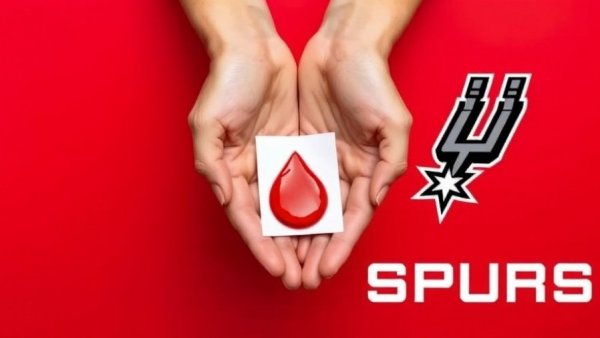San Antonio Spurs logo and hands holding a red blood drop.