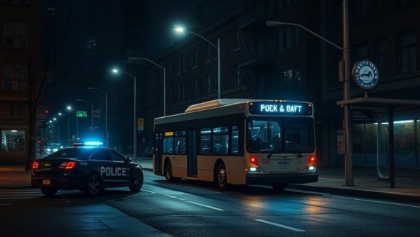 San Antonio news crime scene at night with police car and bus.
