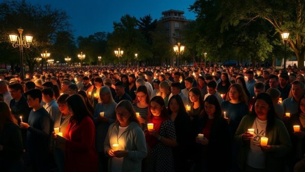 Solemn crowd in candlelight vigil for Austin news shooting.