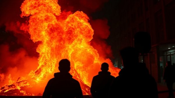 Fiery scene illustrating US-Israel campaign context, dramatic visual.