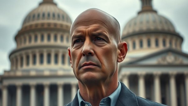 Thoughtful bald man near U.S. Capitol, reflecting John Fetterman's values.