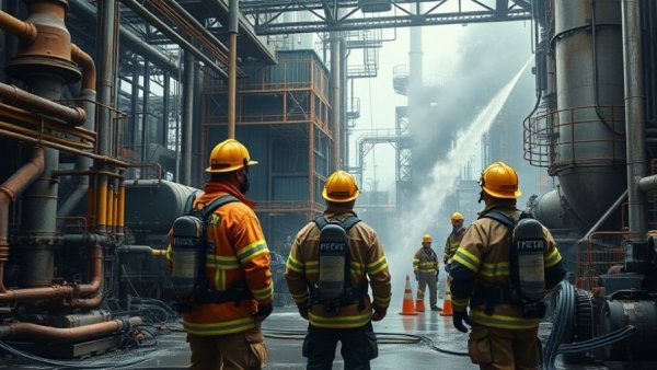 Harris County tank fire response by firefighters in industrial area.