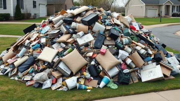 Pile of household waste in a suburban area representing Houston heavy trash program.