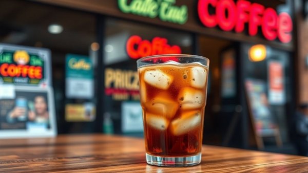Iced coffee in clear cup on wooden table outside a store, sugary coffee drinks health effects.