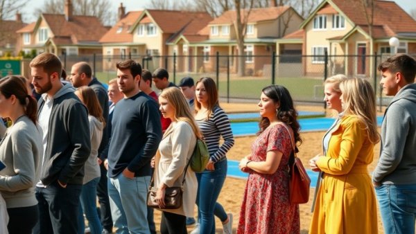 Texas voters lined up at a polling station on a sunny day.