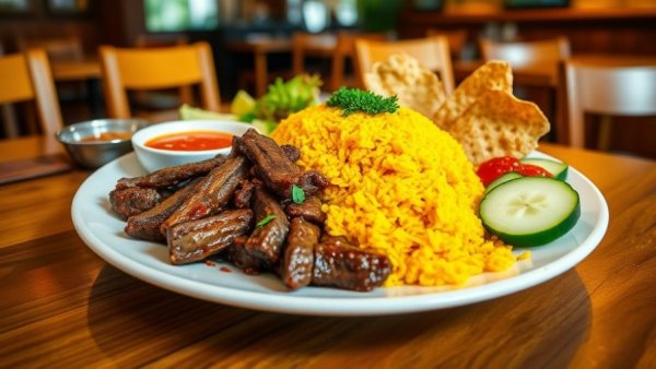 Authentic Indonesian cuisine in Dallas with turmeric rice and rendang.