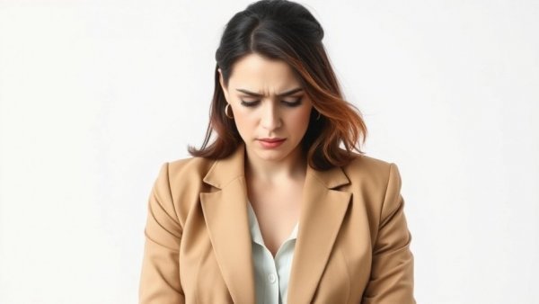 Mid-shot of a woman in a tan blazer showing stress with motion blur.