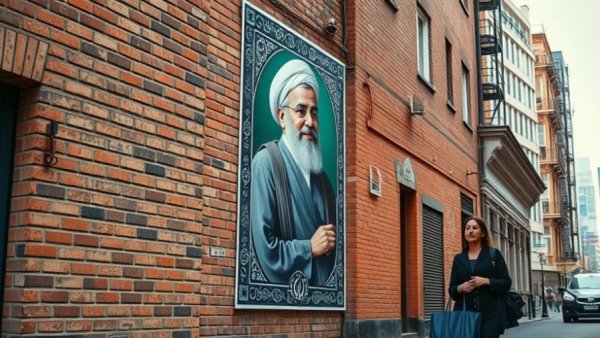 Trump role in choosing Iran's next leader: street view with large poster.