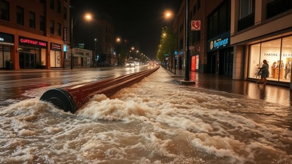 Montgomery County water main break causing street flooding at night.