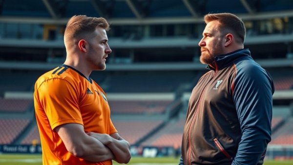 Image depicting a serious discussion on a football field related to a rumored Russell Wilson feud with Sean Payton.