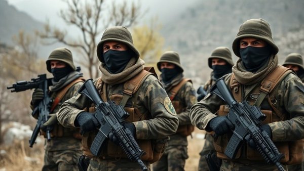 Kurdish fighters in formation with masks in mountainous terrain.