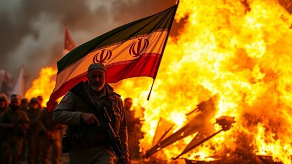 Iran relations with the US depicted through a burning photograph and soldier with flag.