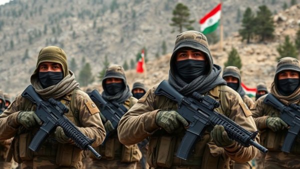 Kurdish fighters in formation with flags and gear.