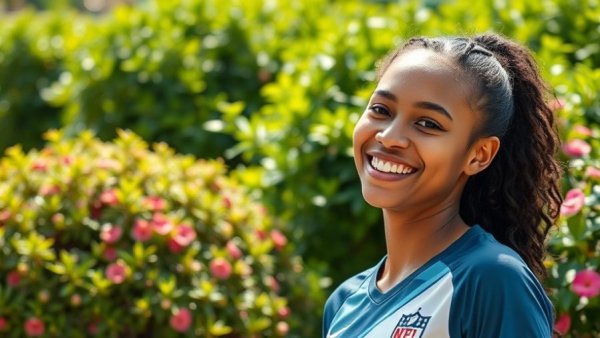 Smiling young woman outdoors in sports jersey in a garden.