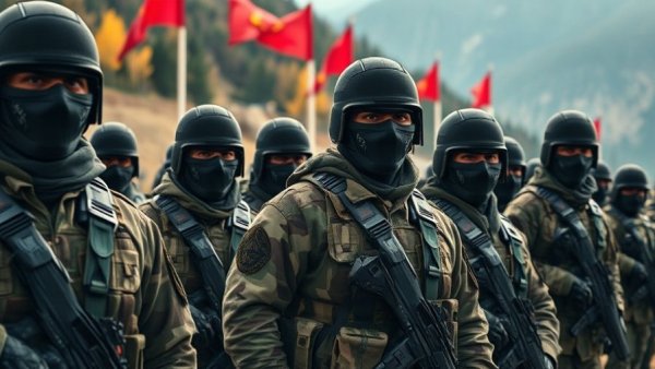 Kurdish fighters in formation with flags in the background.