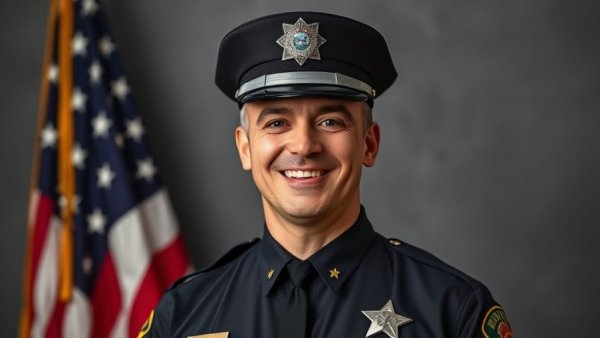 Portrait of Fort Bend County deputy in uniform smiling against flag backdrop.