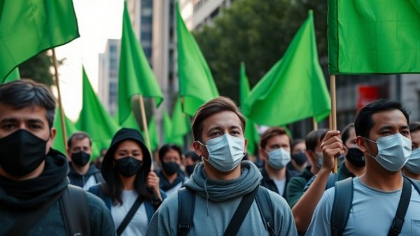 Protest march with masked individuals holding green flags, symbolizing Iran proxies waging war on Israel.