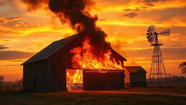 Judge Stone book cover with a fiery barn and sunset.